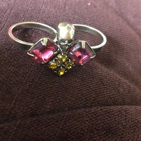 2 Ring Skull Pink & Yellow Swarovski Crystal Ring - Picture 2 of 6